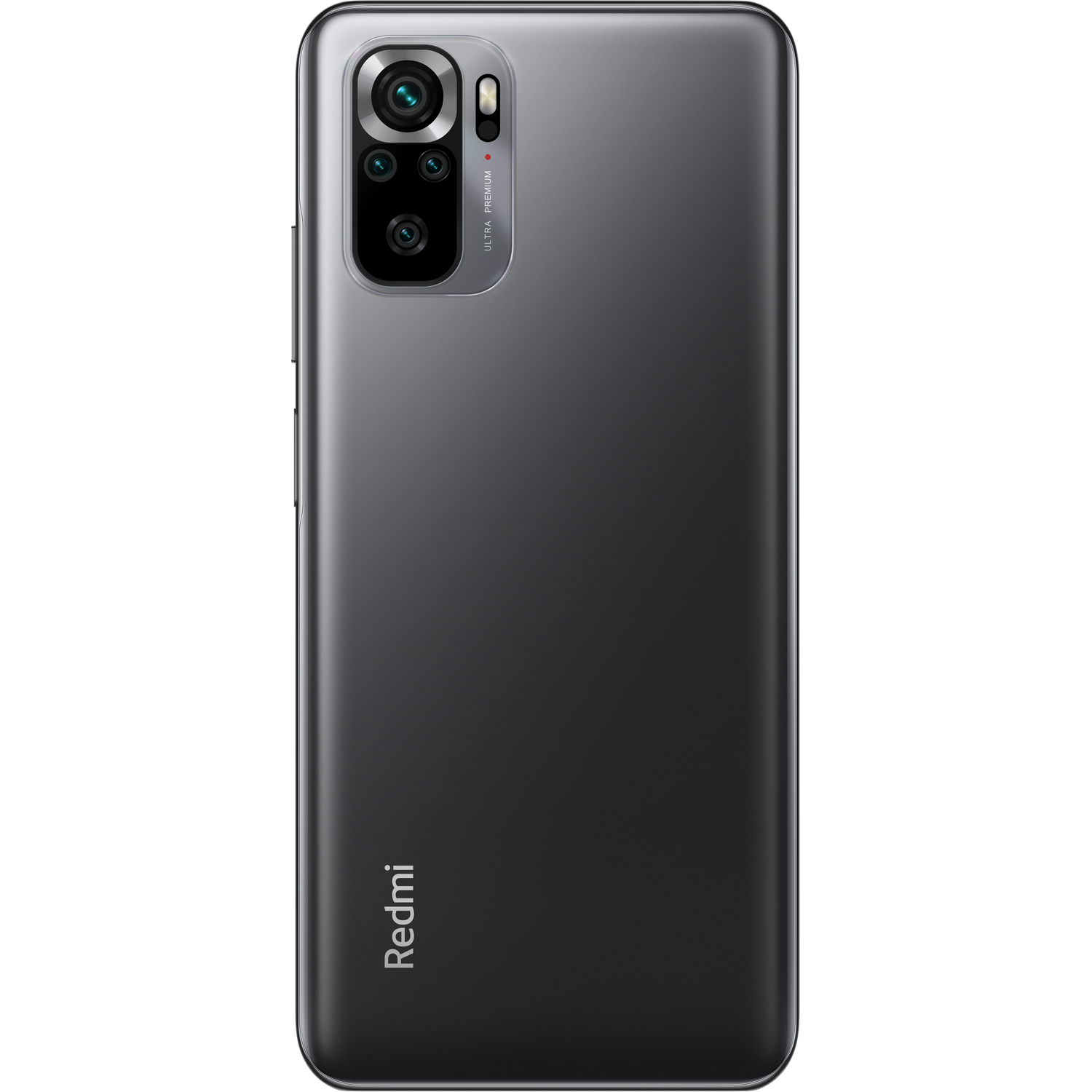 Parte trasera de un teléfono inteligente con múltiples cámaras y el logotipo de Redmi sobre fondo gris.