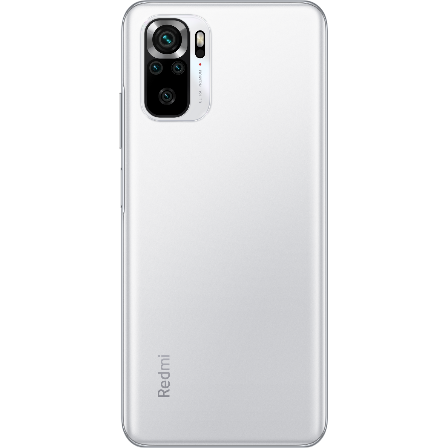Parte trasera de teléfono Redmi blanco con cámara triple y logotipo de Redmi abajo.