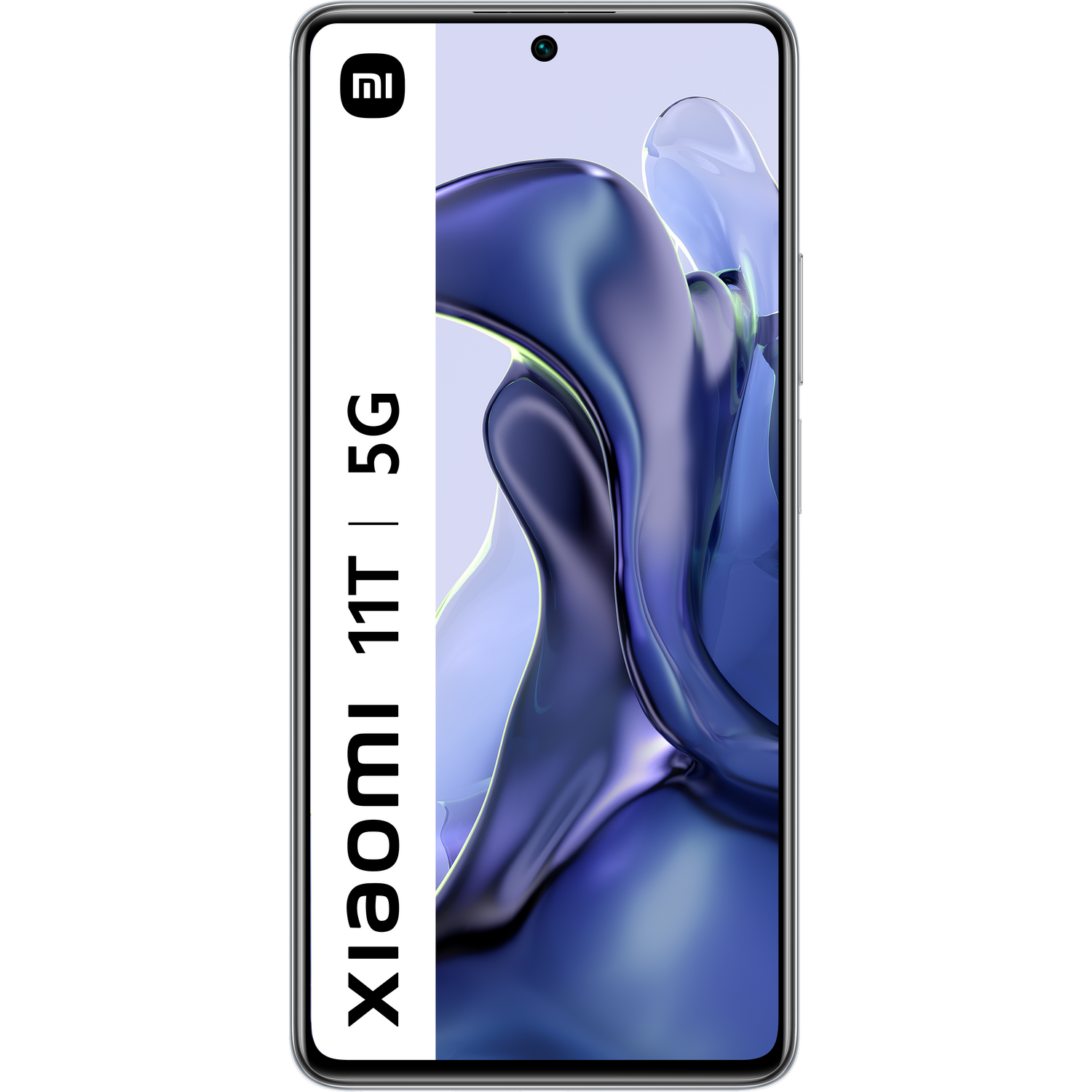 Smartphone Xiaomi 11T 5G, vista frontal, banner blanco en pantalla.