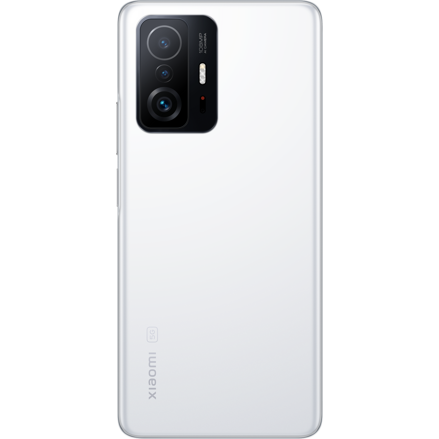 Teléfono Xiaomi blanco, vista trasera. Configuración de triple cámara con flash y logotipo 5G visible. Marca Xiaomi abajo.