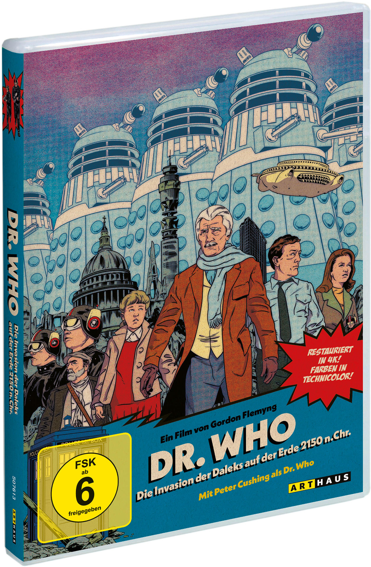 DVD-Hülle von Doctor Who mit den Daleks. Verschiedene Bilder aus dem Film sind auf dem Cover.