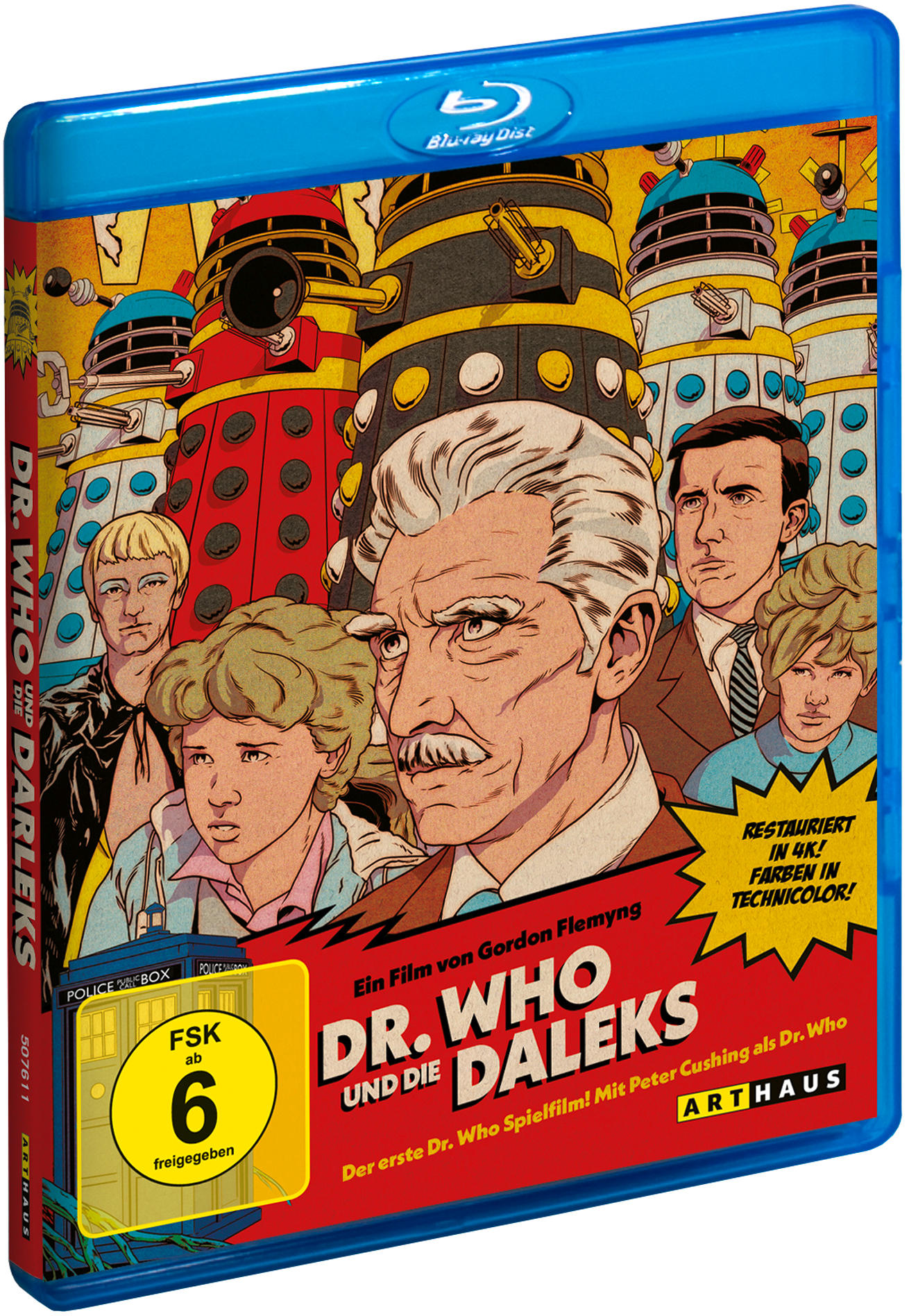 Blu-ray-Disc-Cover für 'Dr. Who and the Daleks' mit Comic-Art und Text.