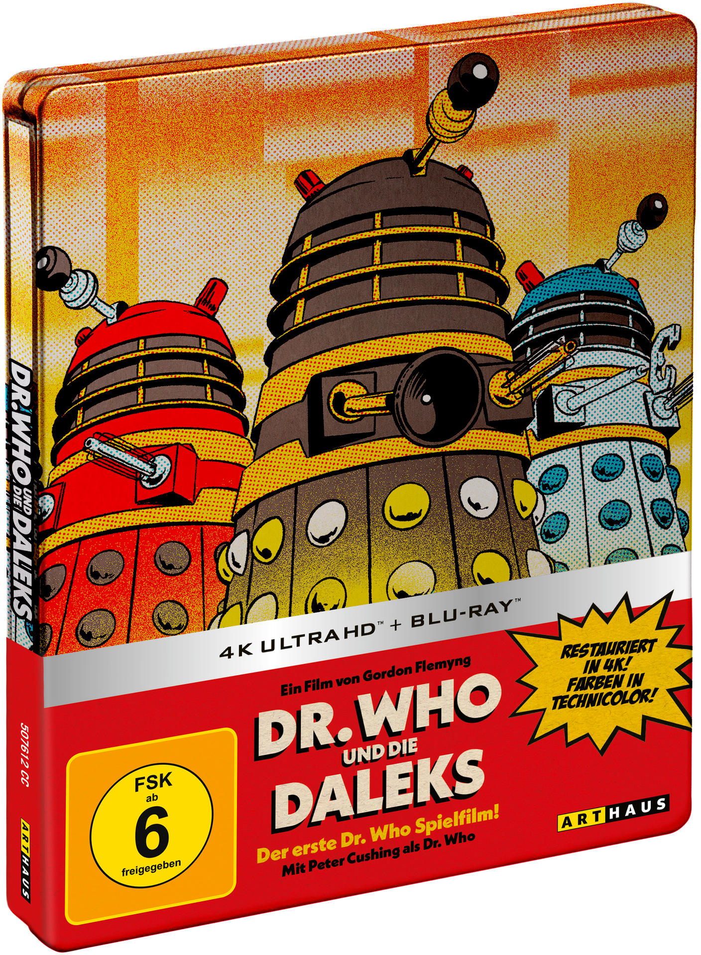 Dr. Who and the Daleks Blu-Ray-Boxart. Daleks und Titel. Oranger und gelber Hintergrund.