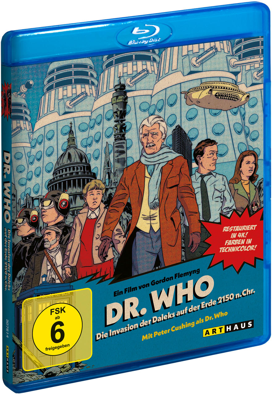 Blu-ray-Disc-Cover von 'Dr. Who'. Bild zeigt illustrierte Charaktere und Gebäude.