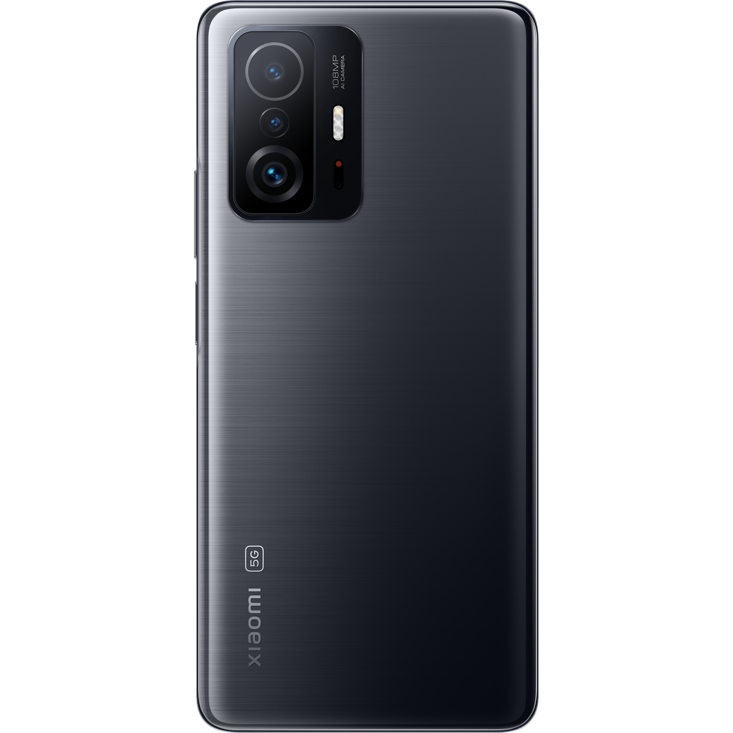 Parte trasera de smartphone negro con módulo de cámara. Logotipo de Xiaomi y etiqueta 5G visibles.