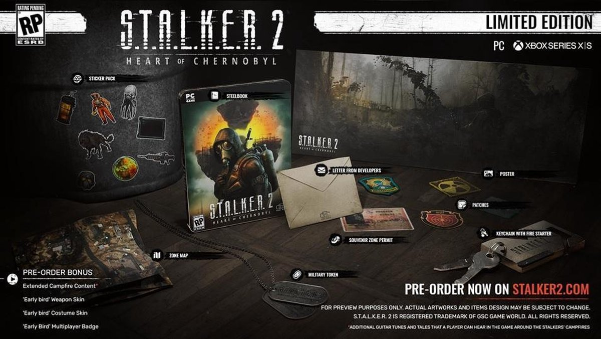 Stalker 2 Limited Edition contents: Steelbook, poster, patches, keychain, dog tags, map, and more.