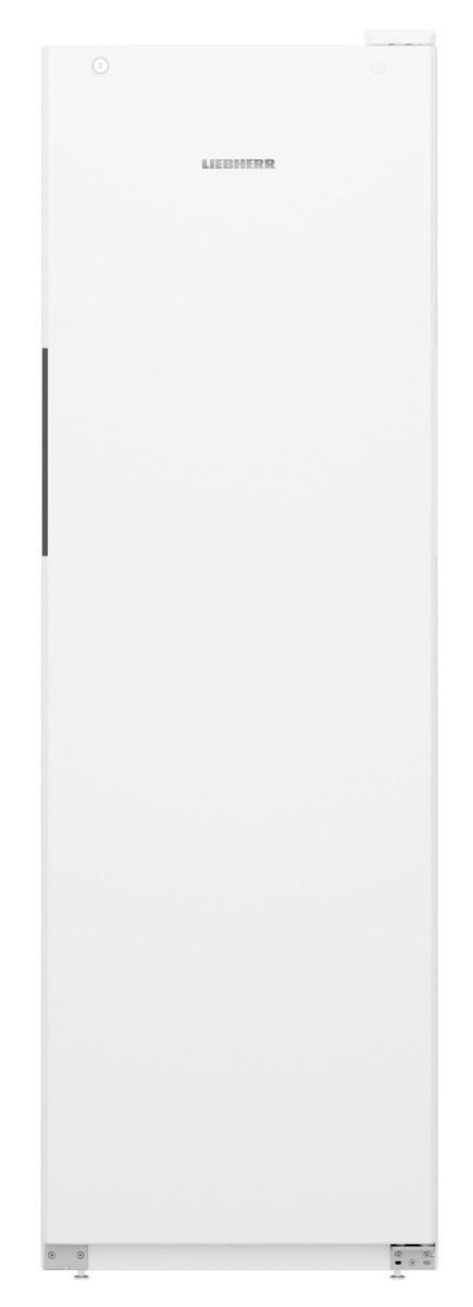 Weißer Liebherr-Kühlschrank, hoch und schlank, mit schwarzem Griff, isoliert auf Weiß.