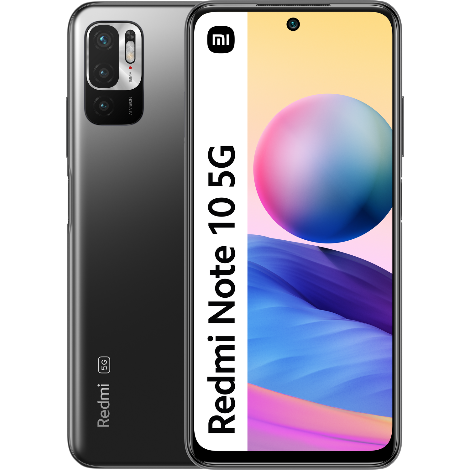 Smartphone gris con texto en la pantalla y la parte trasera. La pantalla muestra un degradado azul y blanco.
