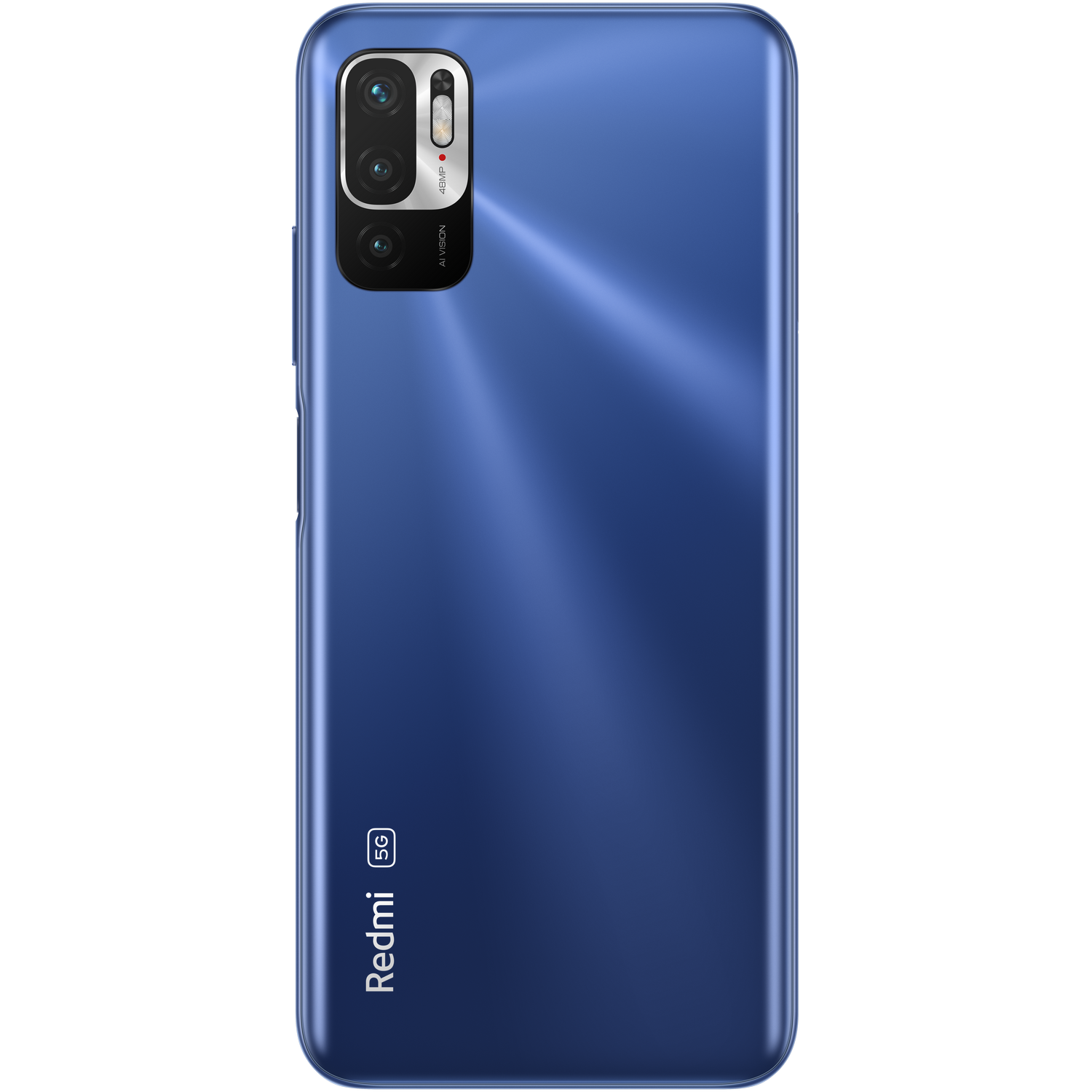 Parte trasera azul de teléfono Xiaomi con conjunto de cámaras y logo 5G.