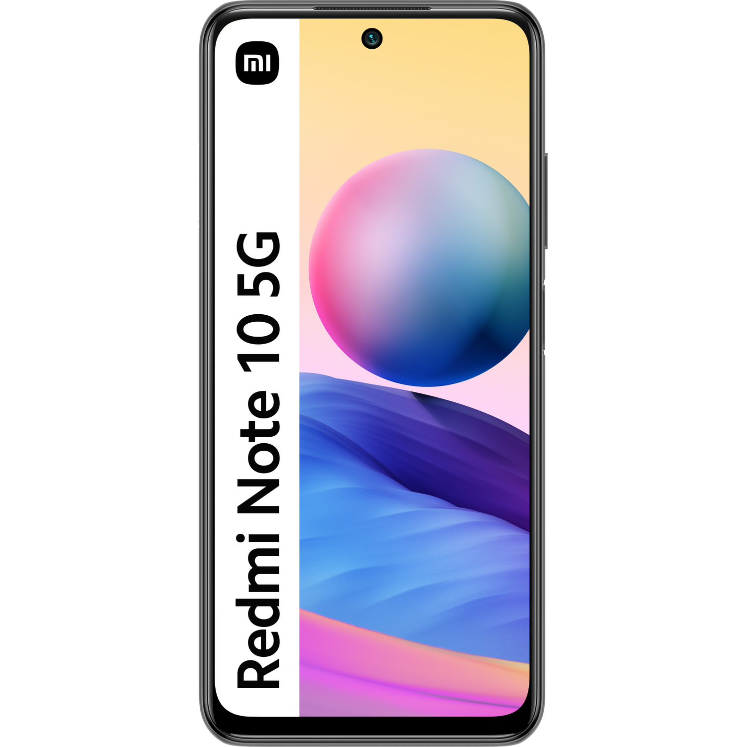 Un smartphone con marco negro y una franja vertical blanca con el nombre de la marca.