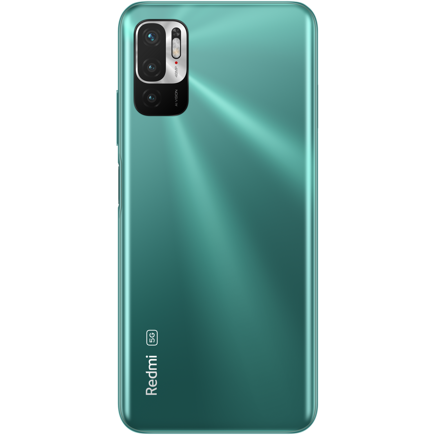 Parte trasera de un teléfono turquesa con una cámara.