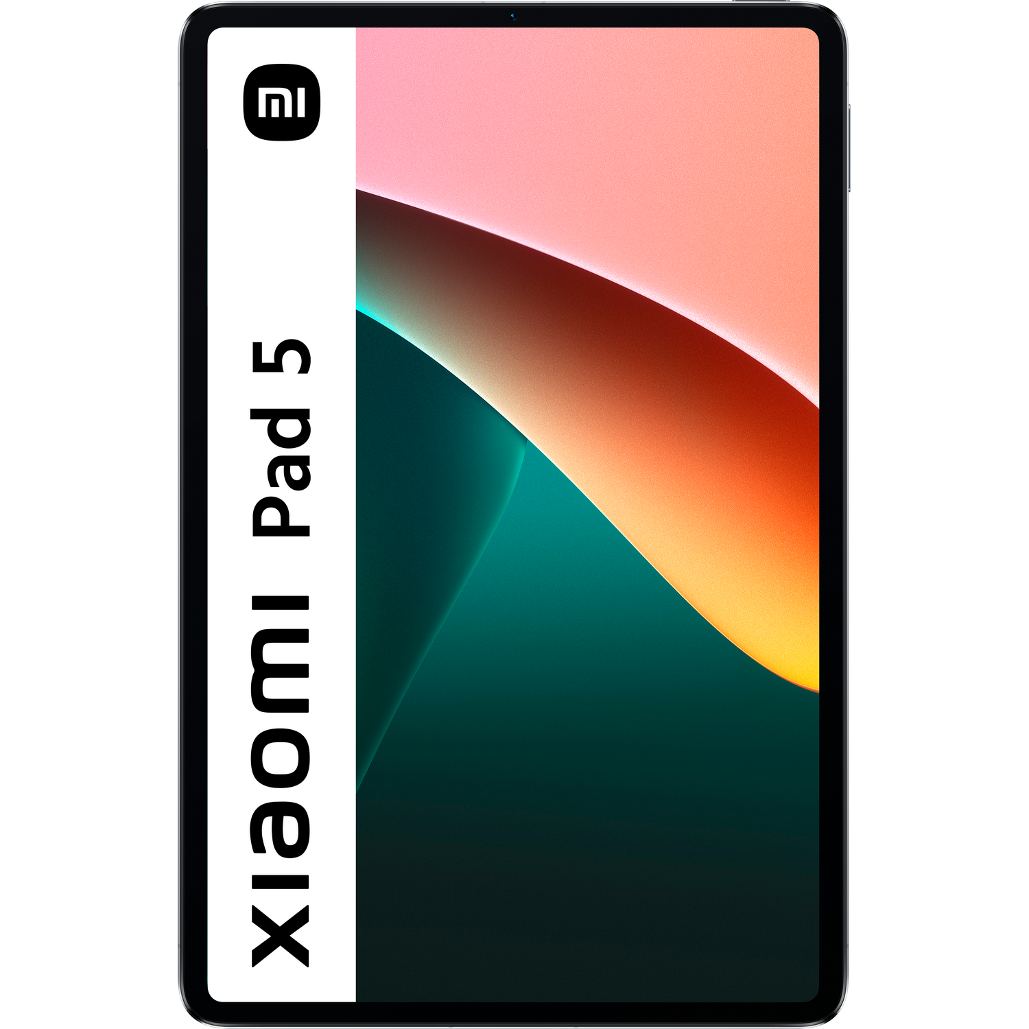 Fondo blanco con Xiaomi Pad 5. La pantalla muestra imagen colorida.