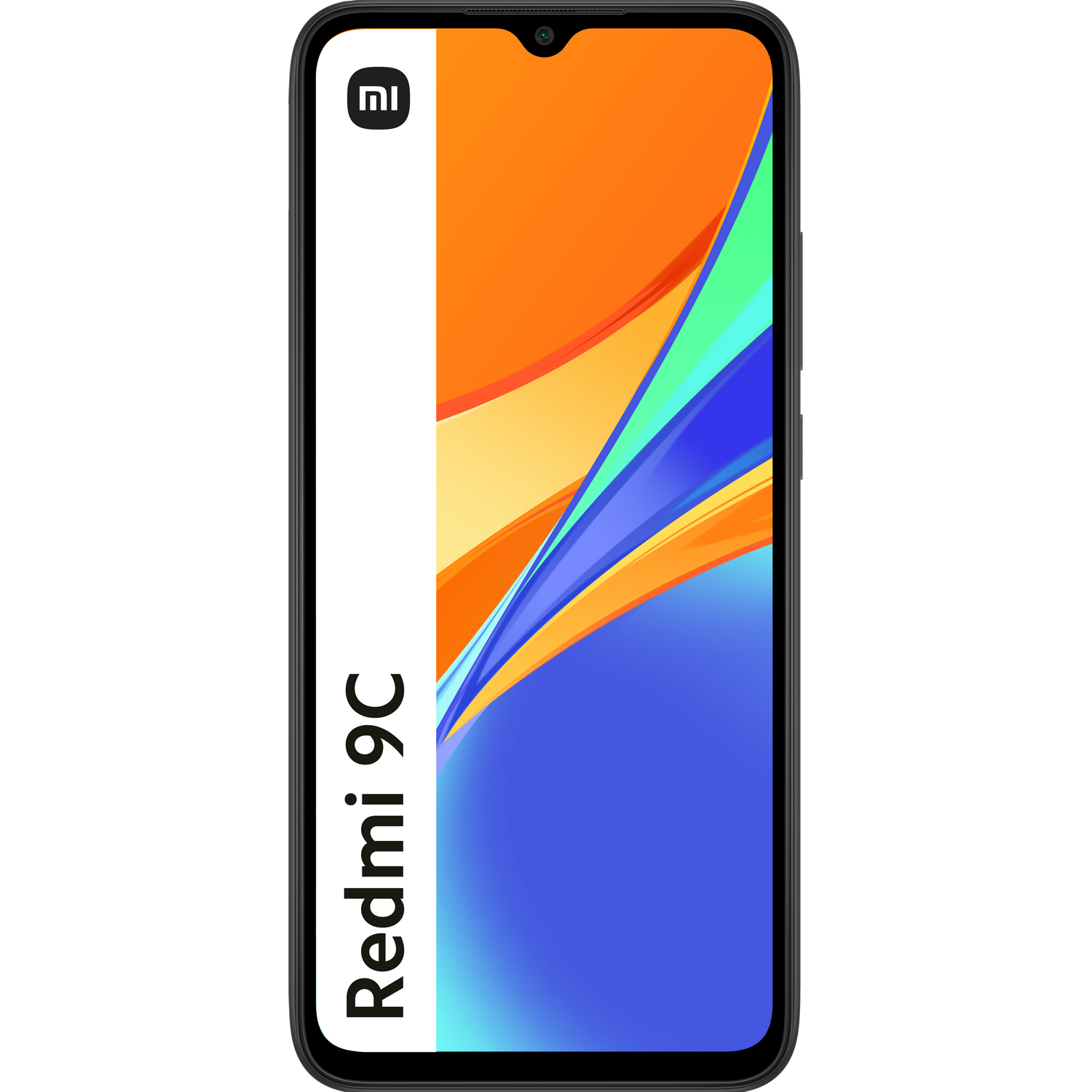 Smartphone Redmi 9C. Vista frontal, diseño naranja y azul, cámara y logotipo.