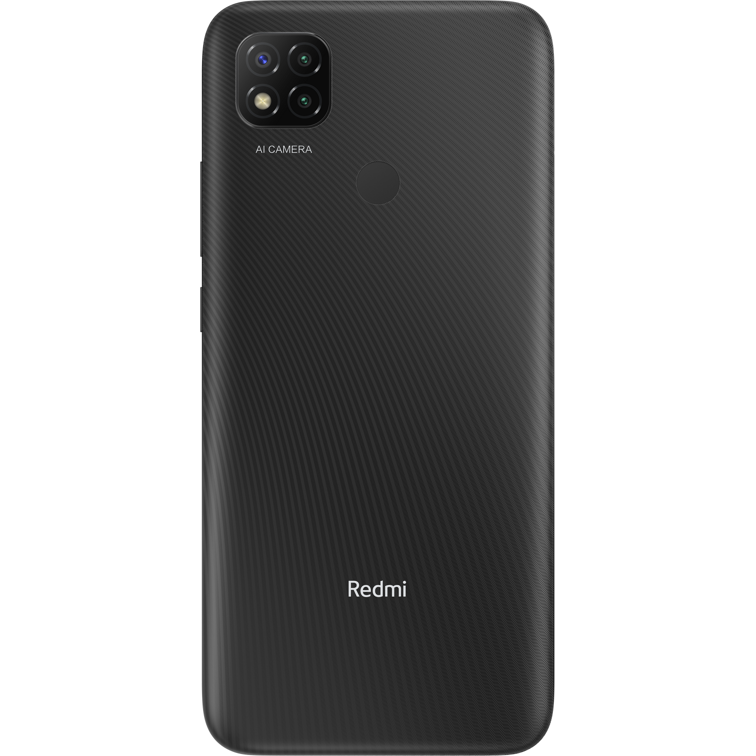 Teléfono Redmi negro, vista trasera. Configuración de cámara cuádruple y marca Redmi visibles.