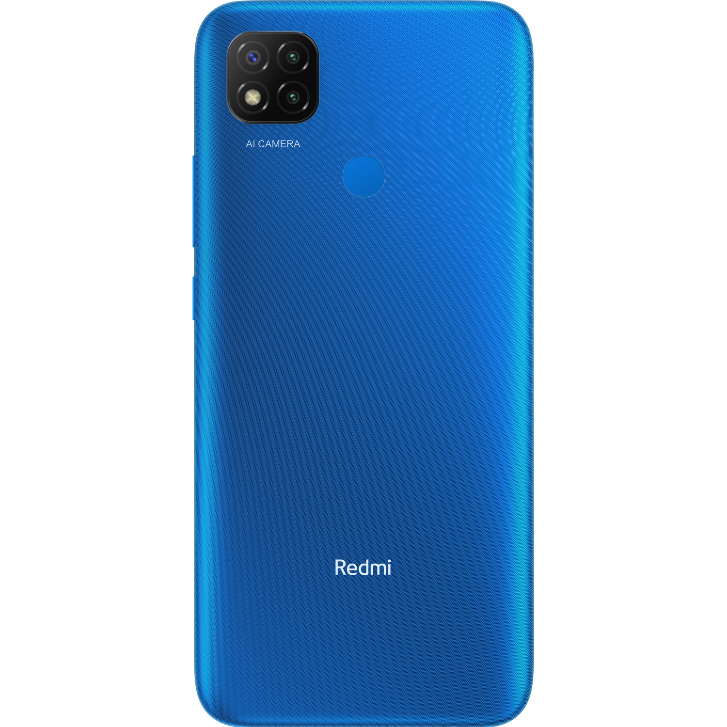 Teléfono Redmi azul con triple cámara y texto AI CAMERA. Parte trasera azul.