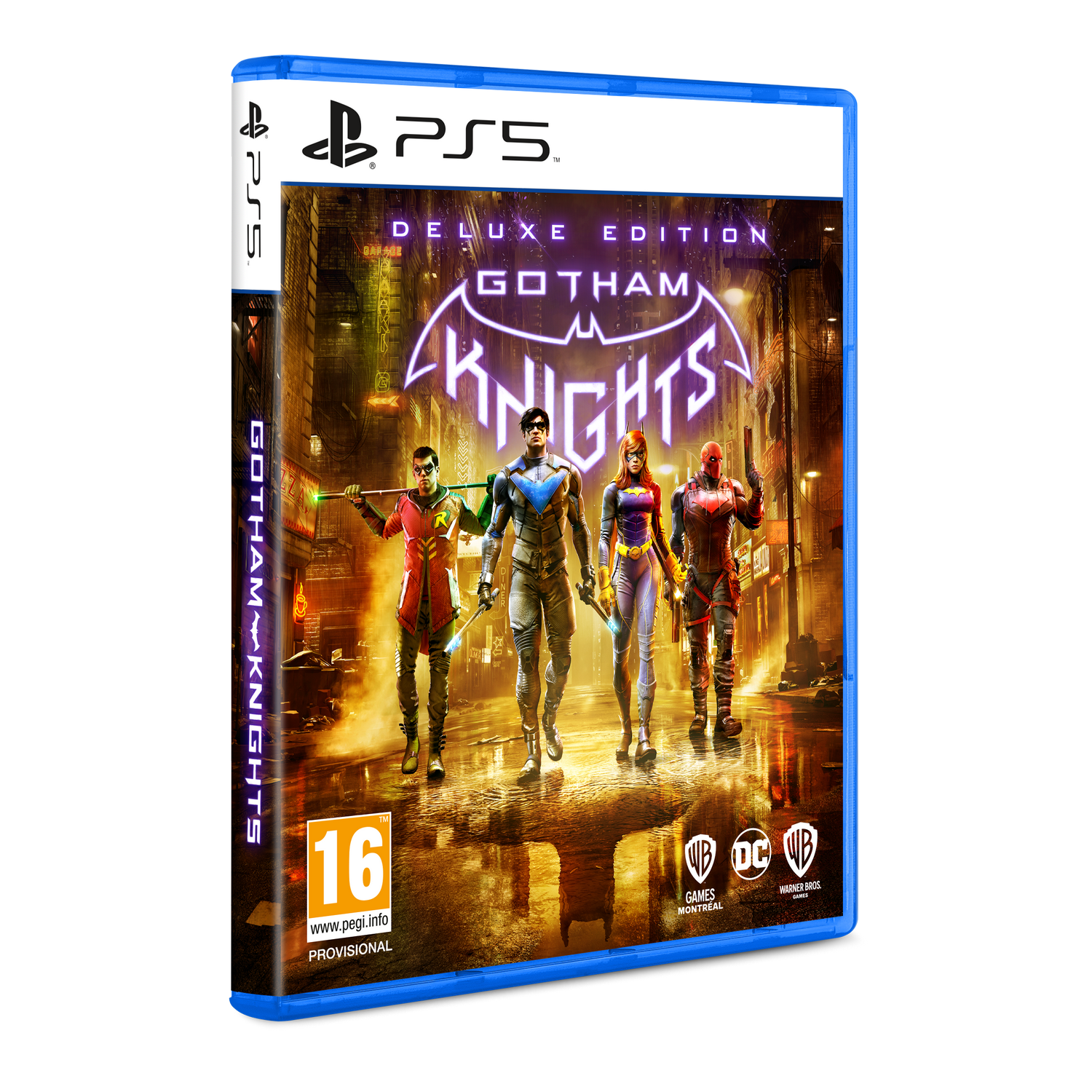 Caja del juego Gotham Knights Deluxe Edition. Cuatro personajes en la portada, caja azul, logo PS5.