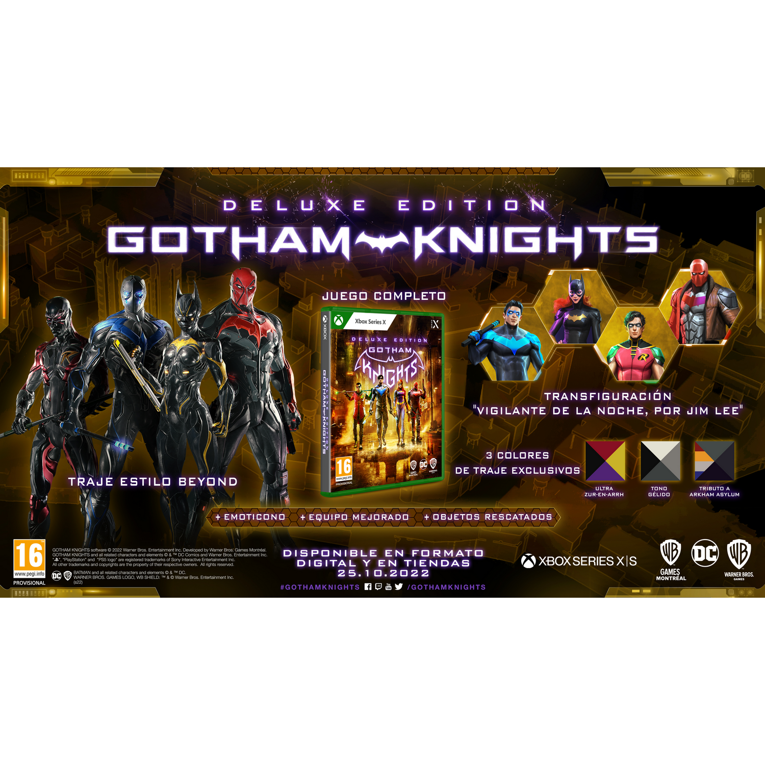 Caja del juego Gotham Knights Deluxe Edition con personajes y detalles del juego.