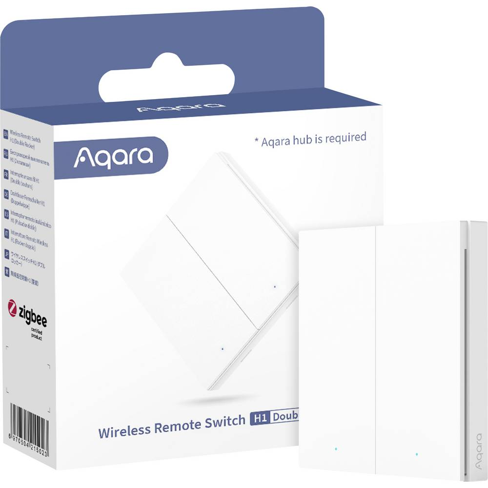 Weißer Aqara Wireless Remote Switch und seine Box. Enthält ein Zigbee-zertifiziertes Produkt.