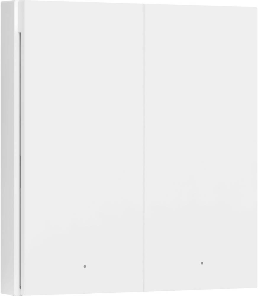 Ein weißer, geschlossener, zweitüriger Schrank mit zwei kleinen Punkten, wahrscheinlich Lichtern.