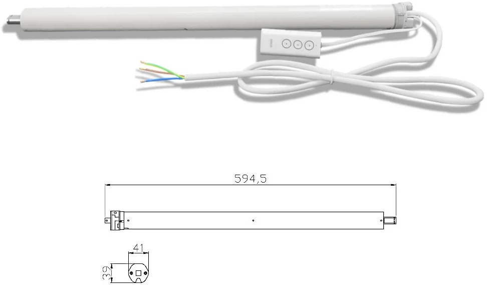 Weißer Rohrmotor für Jalousien mit Fernbedienung und Kabel.