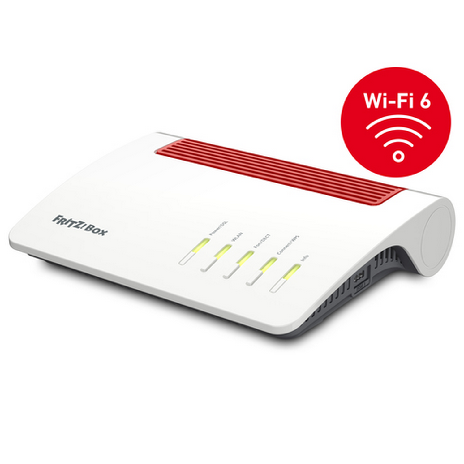 Router Wi-Fi 6 blanco. Es blanco con detalles rojos y el logotipo de Wi-Fi 6.