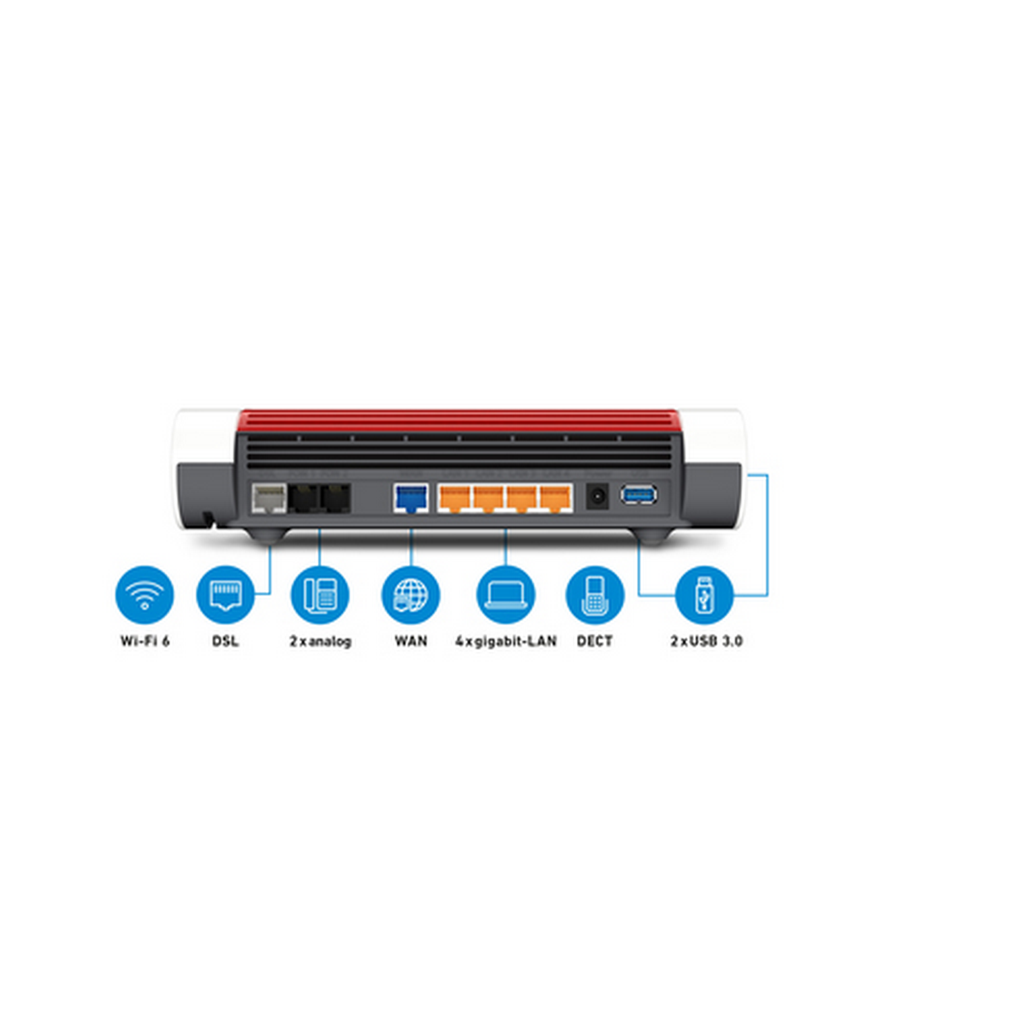 Un router con la parte superior roja y varios puertos e iconos de conexión.