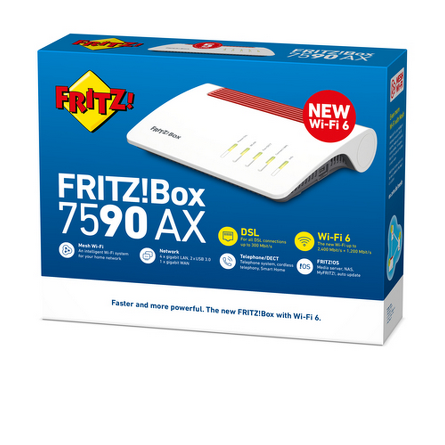 Caja de un router FRITZ!Box 7590 AX blanco con Wi-Fi 6. Tiene detalles rojos y un logo amarillo.