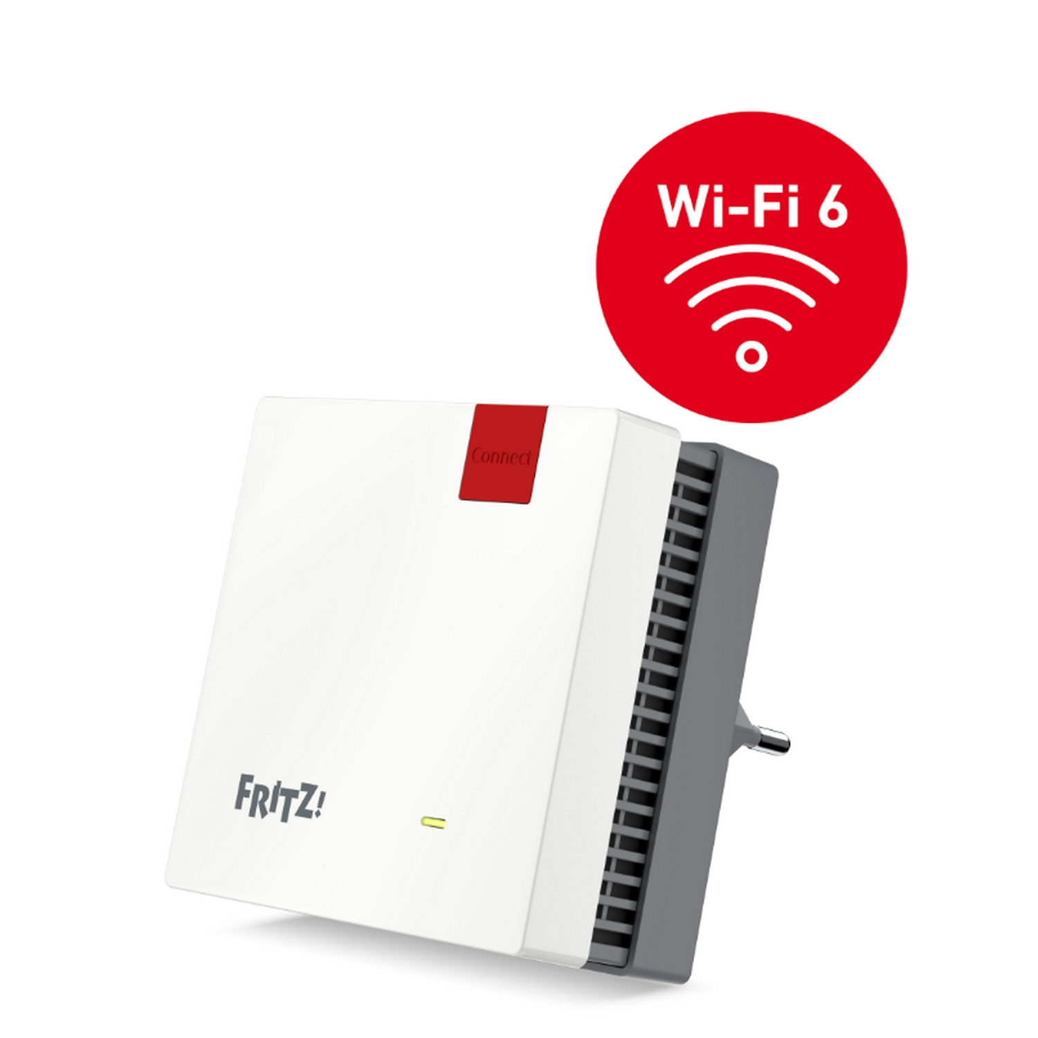 Router Fritz!Box blanco y gris. Luz roja 'Connect', logo Wi-Fi 6.