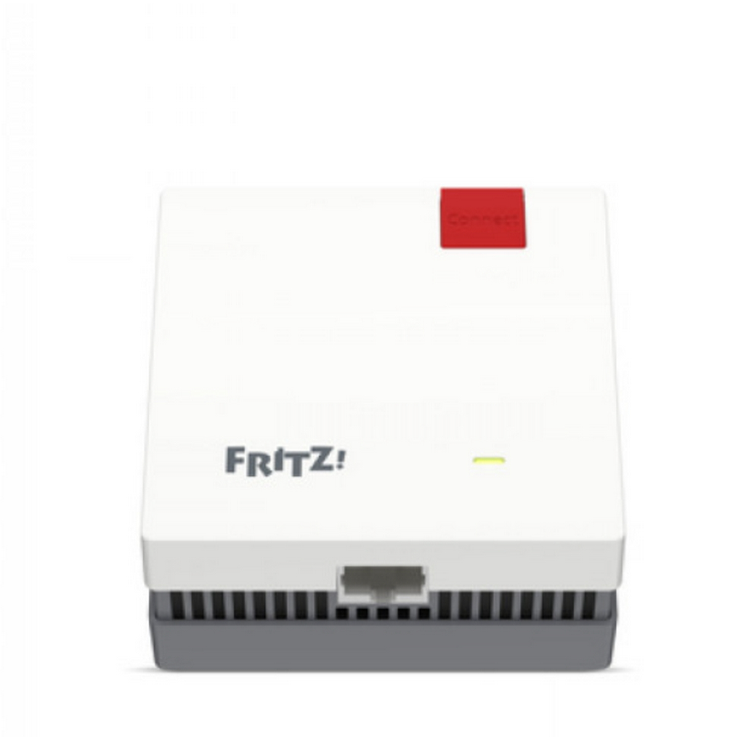 Un router blanco y gris con la palabra Fritz! y un botón rojo de conexión.