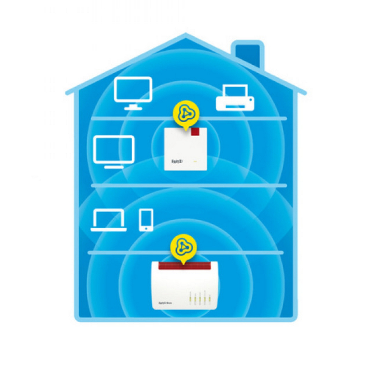 Gráfico de casa con contorno azul, mostrando un router transmitiendo señales.
