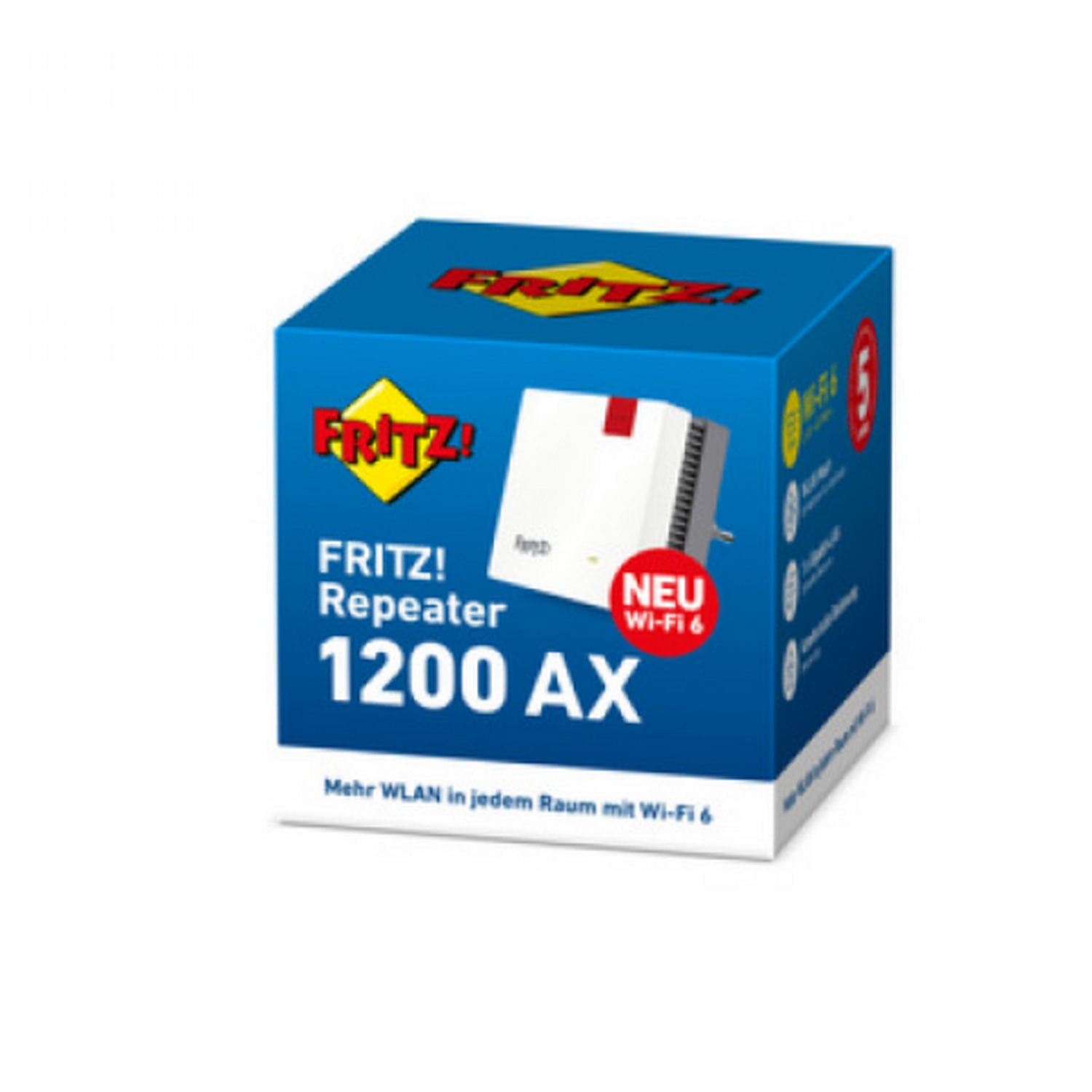 Una caja azul con un router blanco y rojo. Tiene la marca Fritz! e impreso Wi-Fi 6.