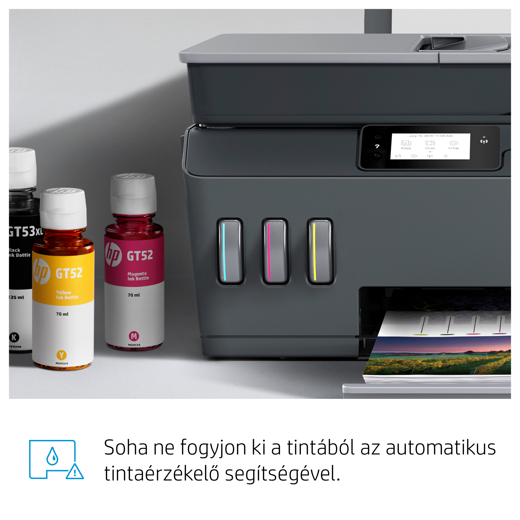 Nyomtató és tintapalackok. Magyar szöveg.