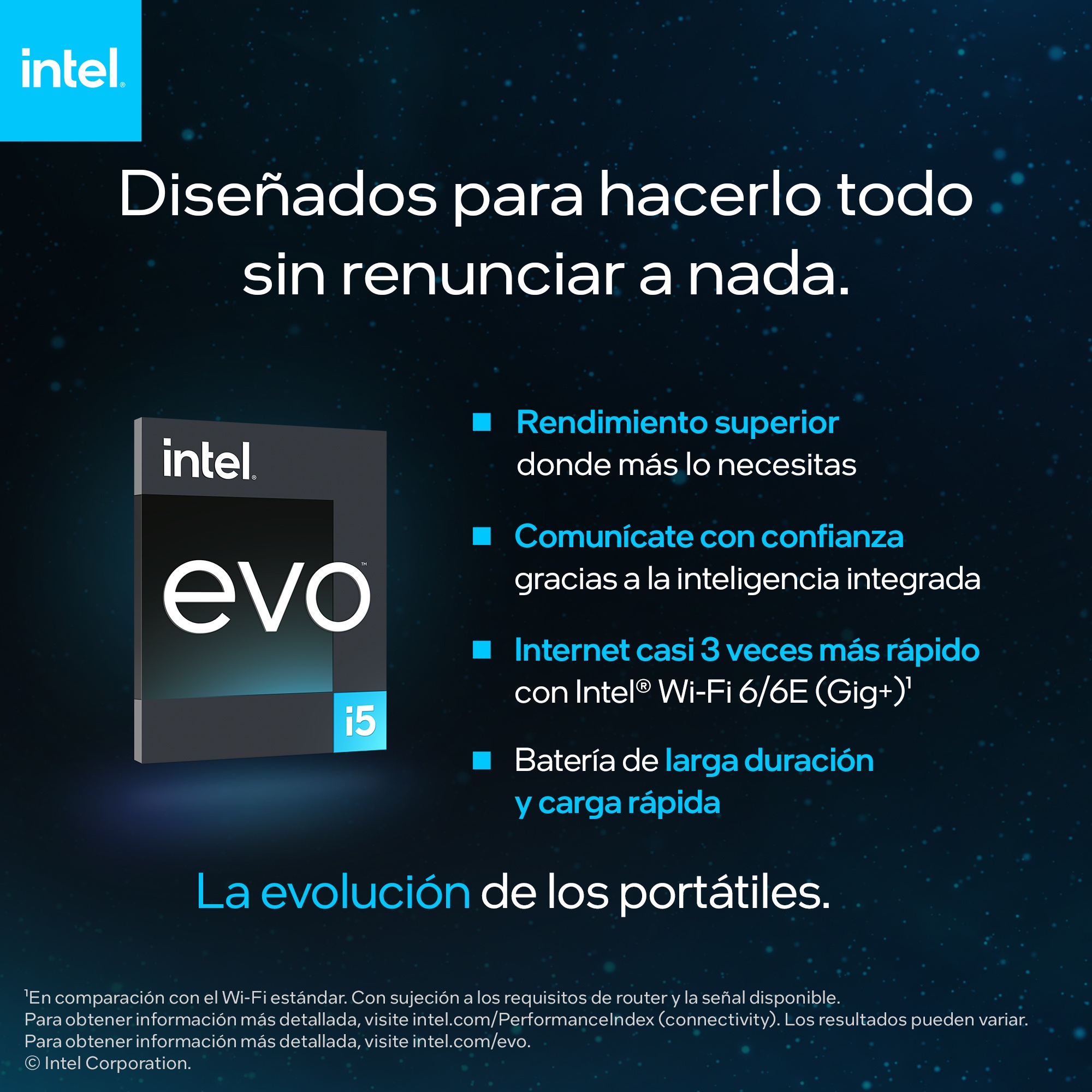 Anuncio de portátil Intel EVO con un portátil y detalles sobre las funciones.