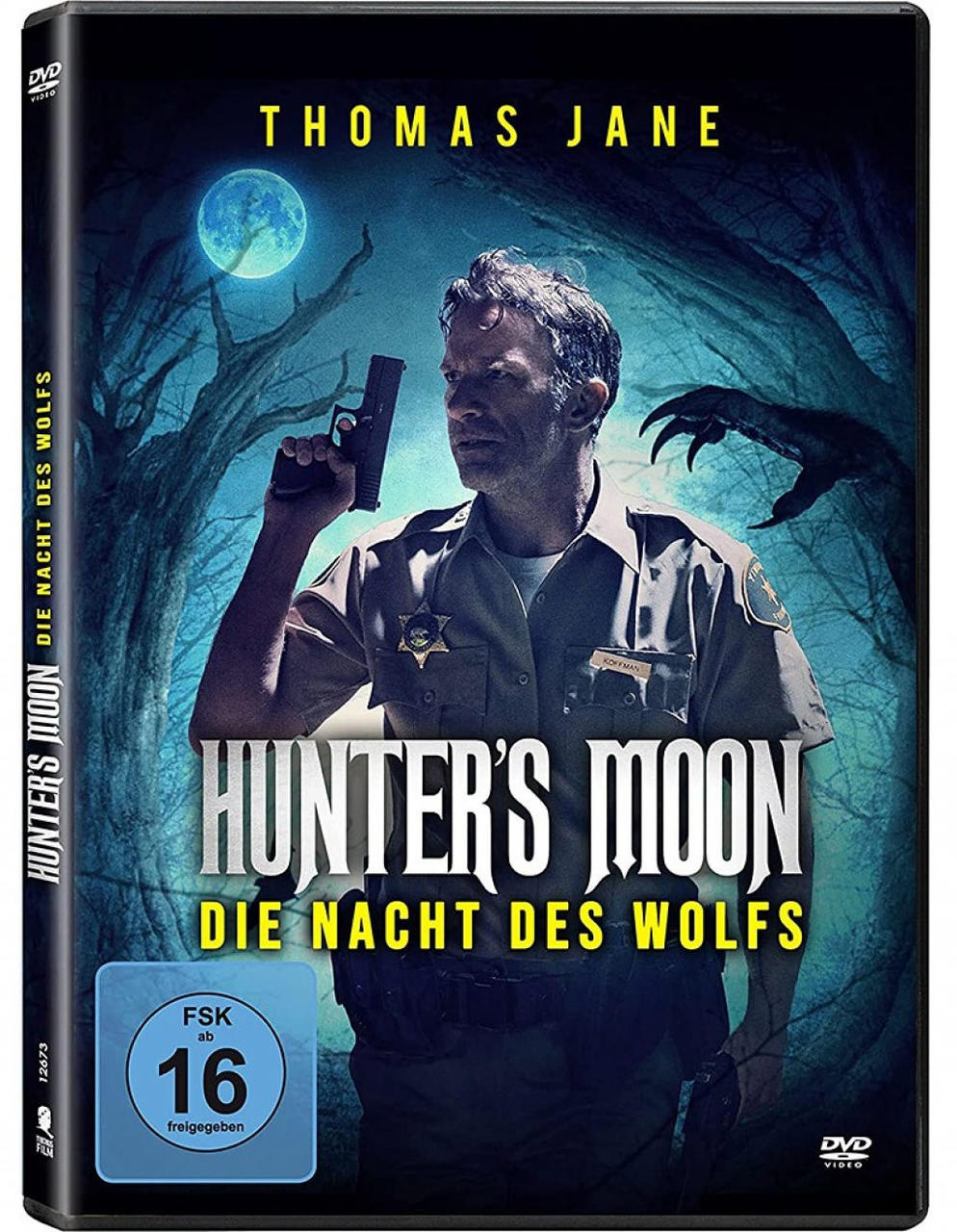 DVD-Cover. Mann hält eine Waffe. Horrorfilmtitel mit Nachtwald.