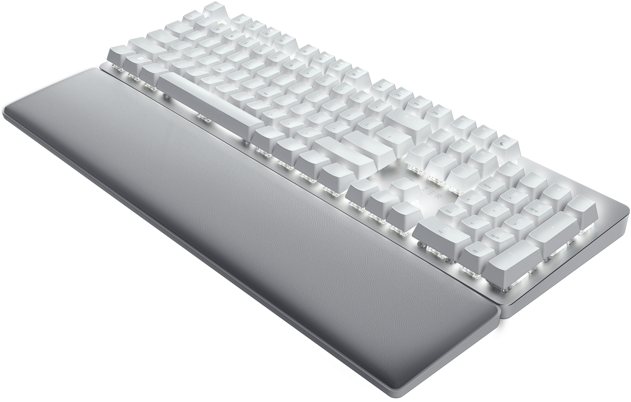 Eine weiße Tastatur mit grauer Handballenauflage auf weißem Hintergrund. Die Tasten sind weiß.