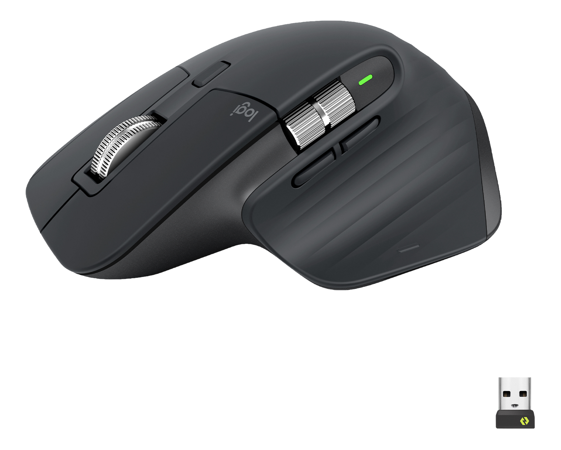 Schwarze Logitech-Maus mit silbernen Scrollrädern. Enthält einen USB-Empfänger.