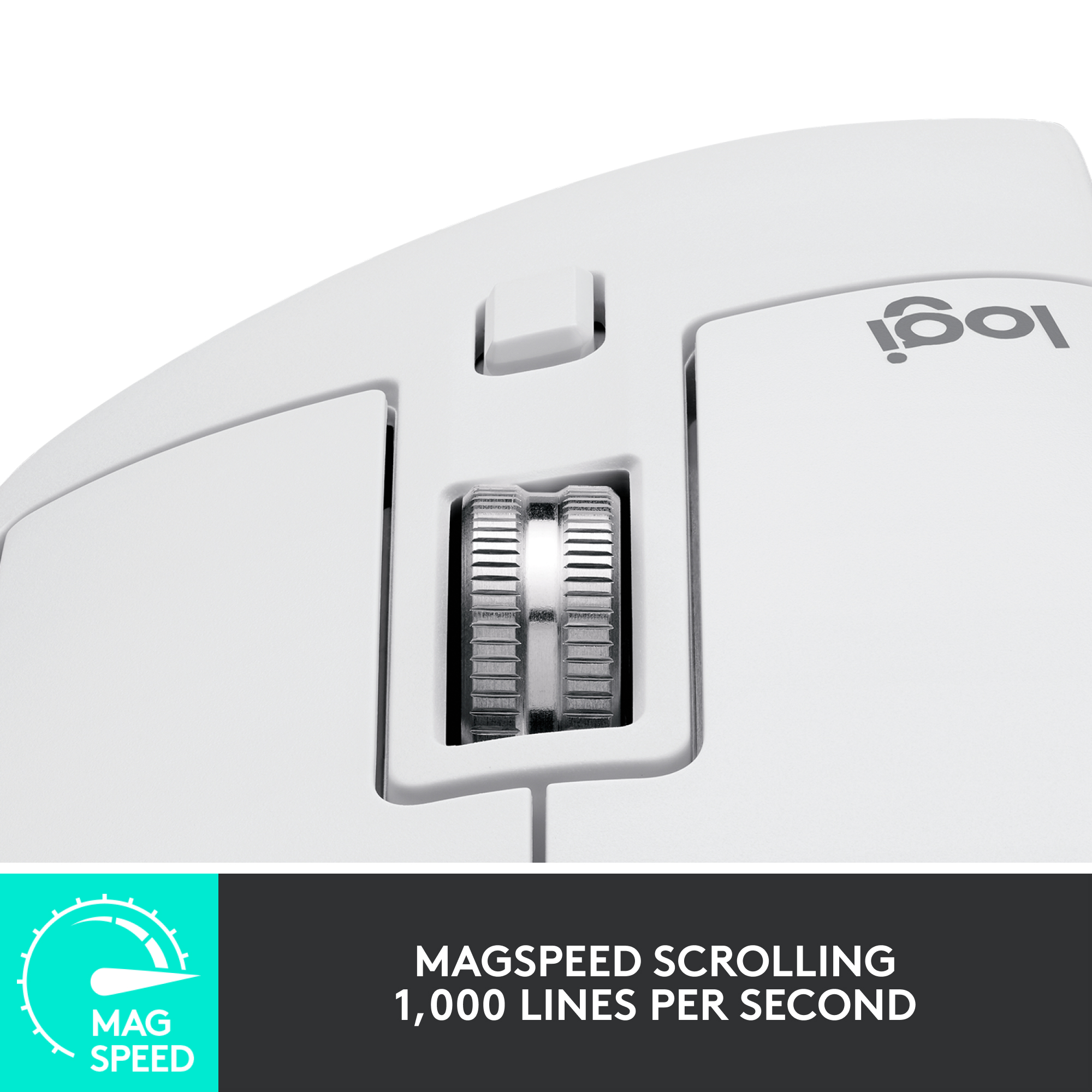 Gros plan sur une souris d'ordinateur blanche avec une molette et un logo.