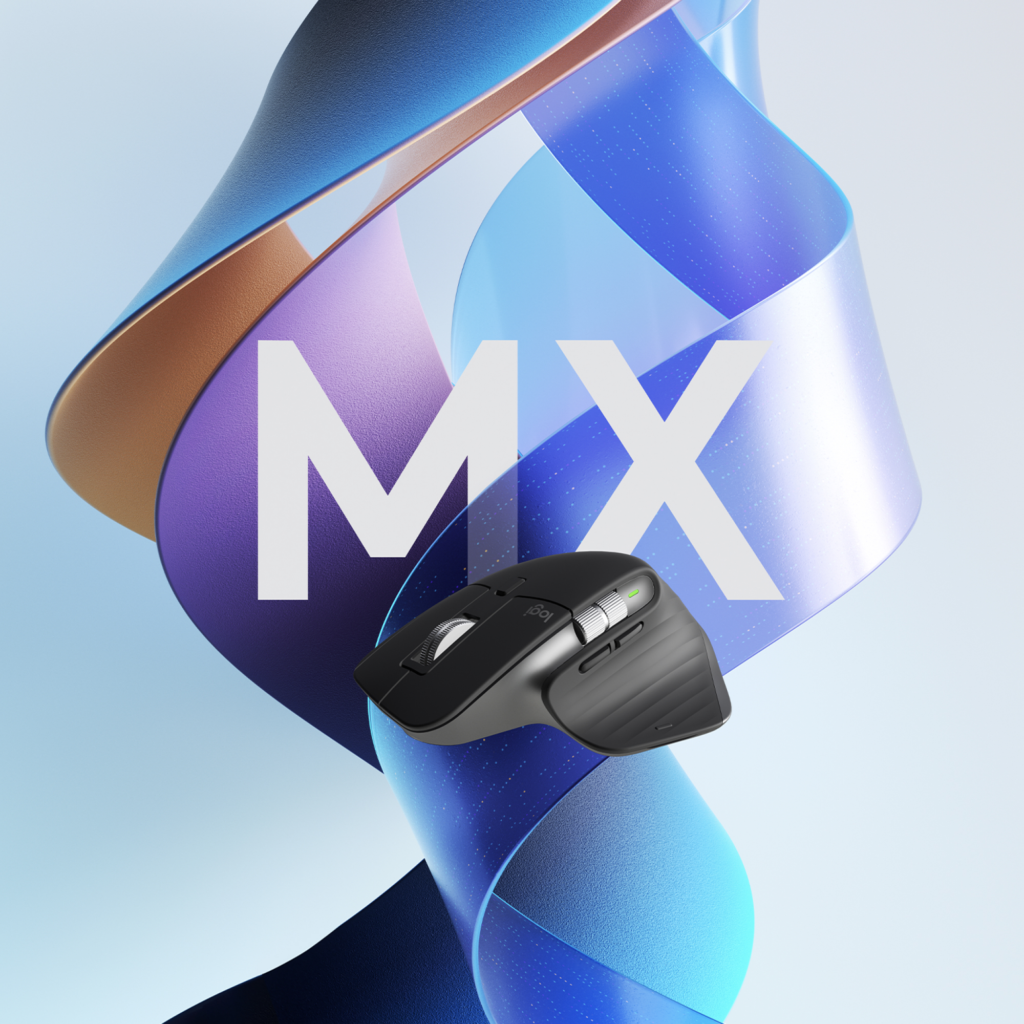 Souris d'ordinateur noire avec le mot MX en blanc et un ruban bleu et violet.
