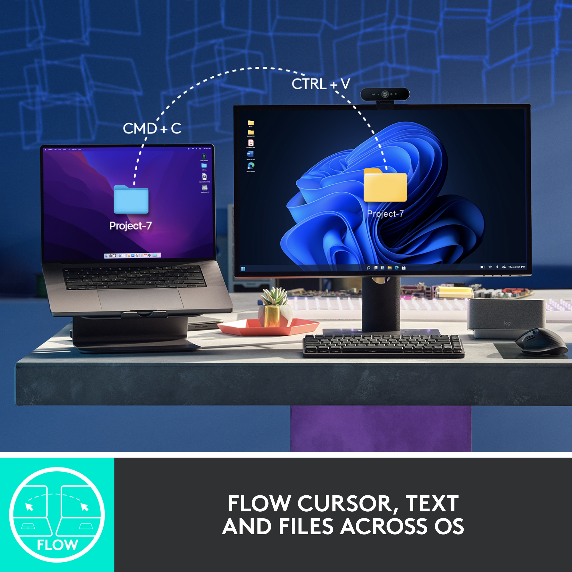 Une configuration montrant un ordinateur portable et un moniteur avec des illustrations de transfert de fichiers.