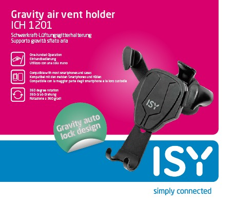 Schwarzer Handyhalter für die Lüftungsschlitze im Auto. Text: Gravity Air Vent Holder. ISY-Markenname sichtbar.