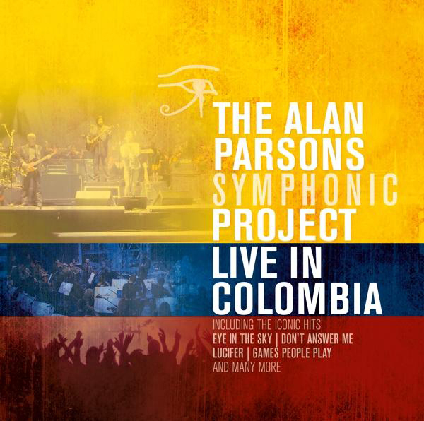 Poster für Alan Parsons Symphonic Project, Live in Kolumbien. Mit Band auf der Bühne, Publikumssilhouetten und Textüberlagerung.
