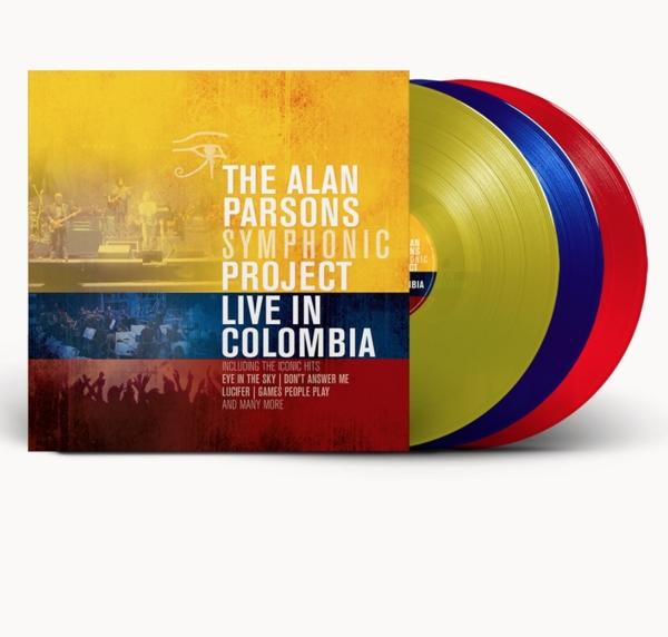 Albumcover: The Alan Parsons Symphonic Project, Live in Kolumbien, mit drei Schallplatten: gelb, blau und rot.