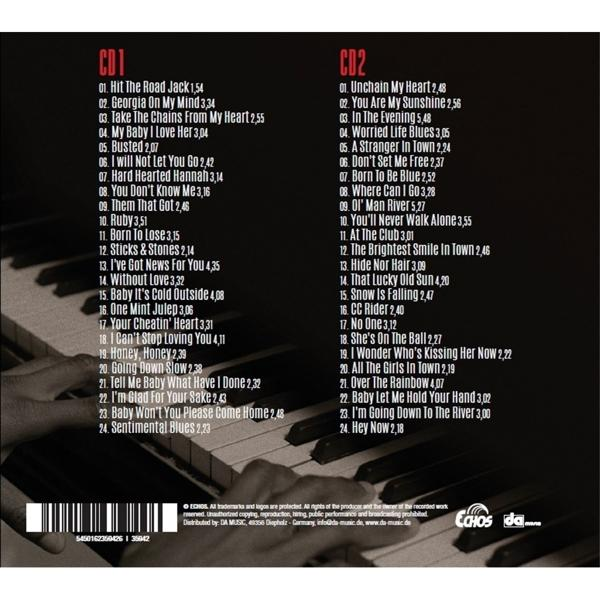 Die Rückseite einer CD-Hülle mit einem Klavier und Titelliste.