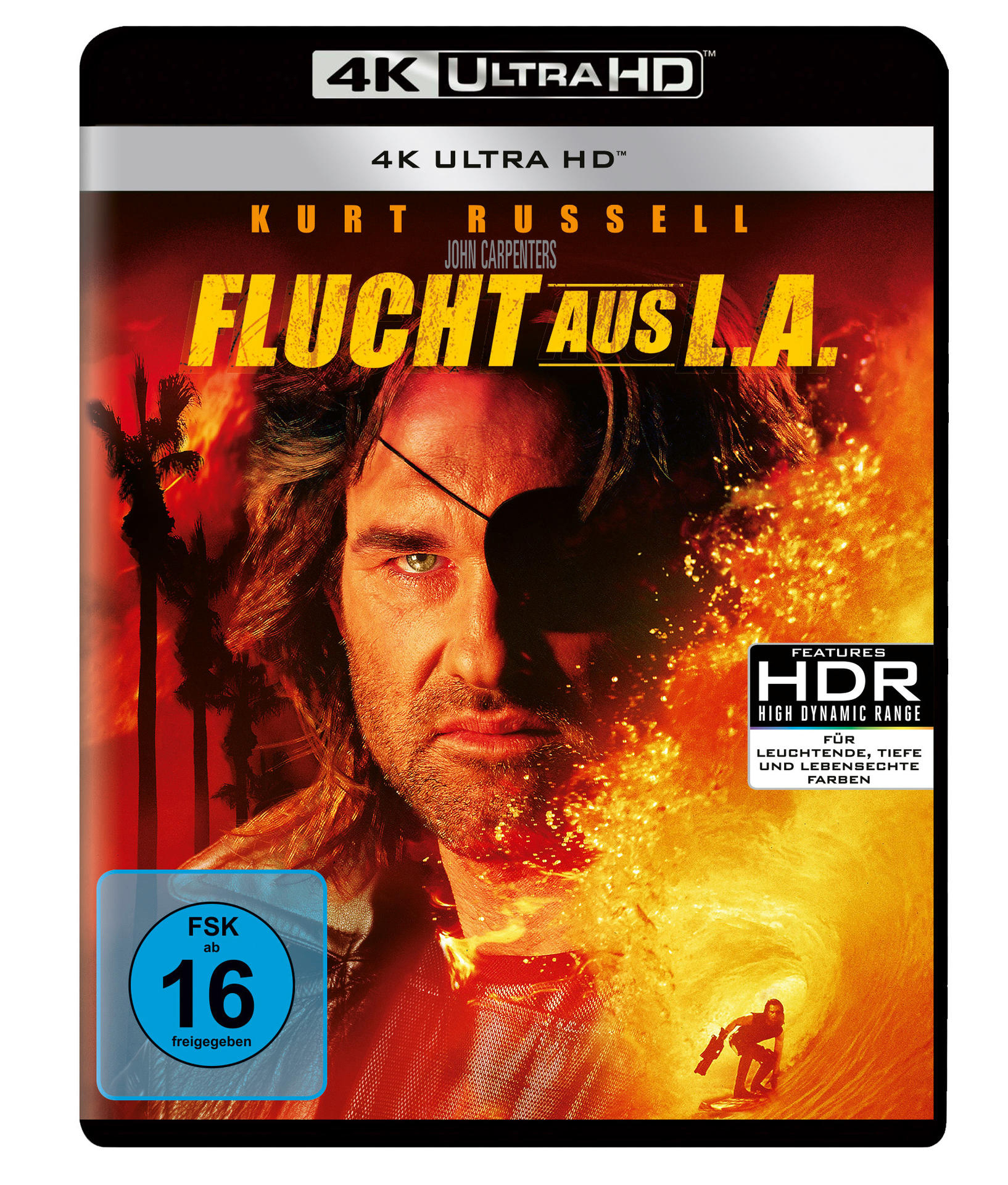Escape from L.A. 4K Ultra HD Blu-ray-Cover mit Kurt Russell, Feuer und Filmtitel.