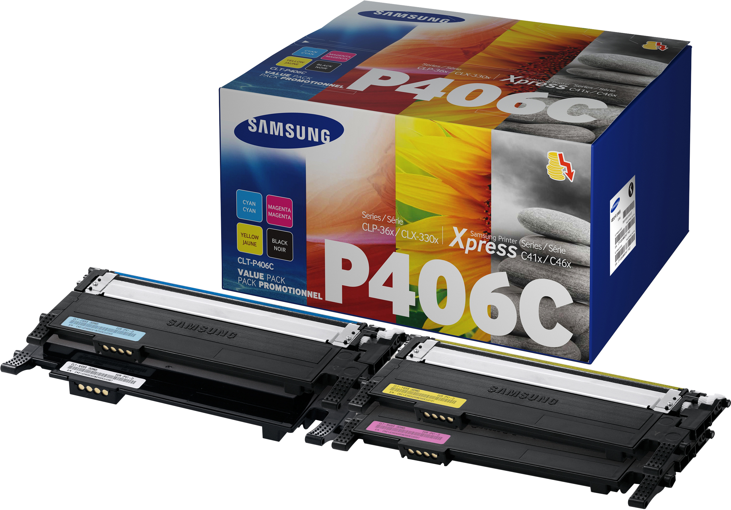 Box mit Samsung P406C Druckerpatronen. Enthält cyan-, magenta-, gelbe und schwarze Patronen. Die Box ist weiß.