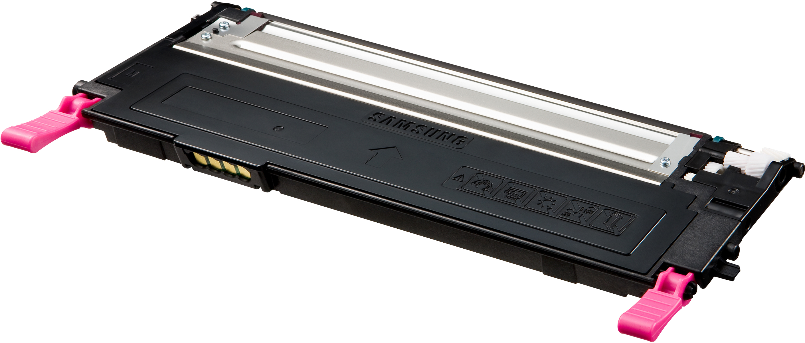 Eine Samsung-Drucker-Tonerkartusche. Sie ist schwarz mit metallisch-silbernen Akzenten, rosa Hebeln und gelben und weißen Innenteilen.