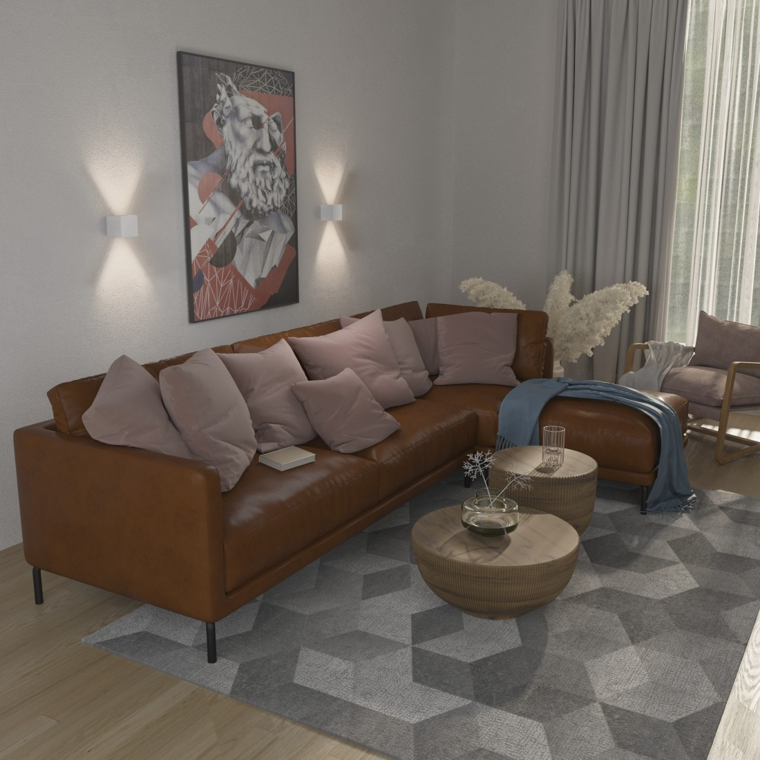 Ein braunes Ledersofa mit rosa Kissen steht in einem Wohnzimmer. Ein Gemälde hängt an der Wand.