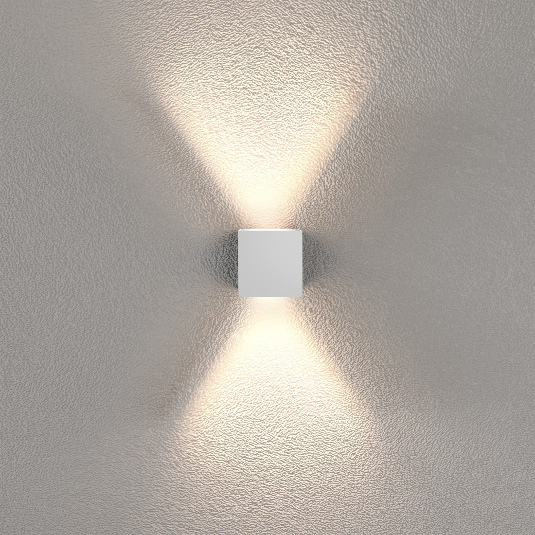 Weiße quadratische Wandleuchte, die zwei Lichtstrahlen an einer Wand aussendet.