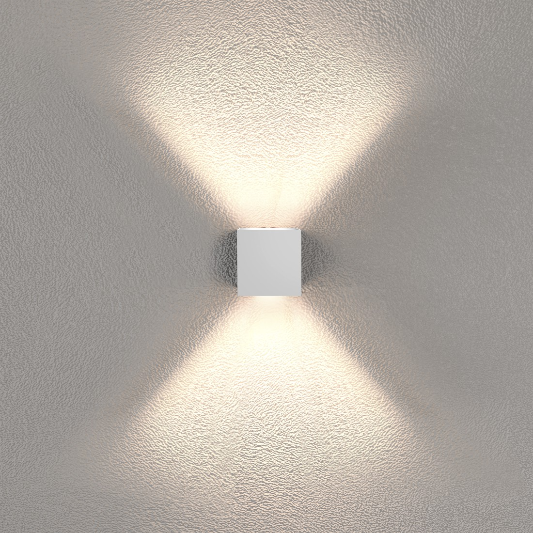 Weiße Wandleuchte mit zwei Lichtstrahlen, an einer strukturierten Wand befestigt.
