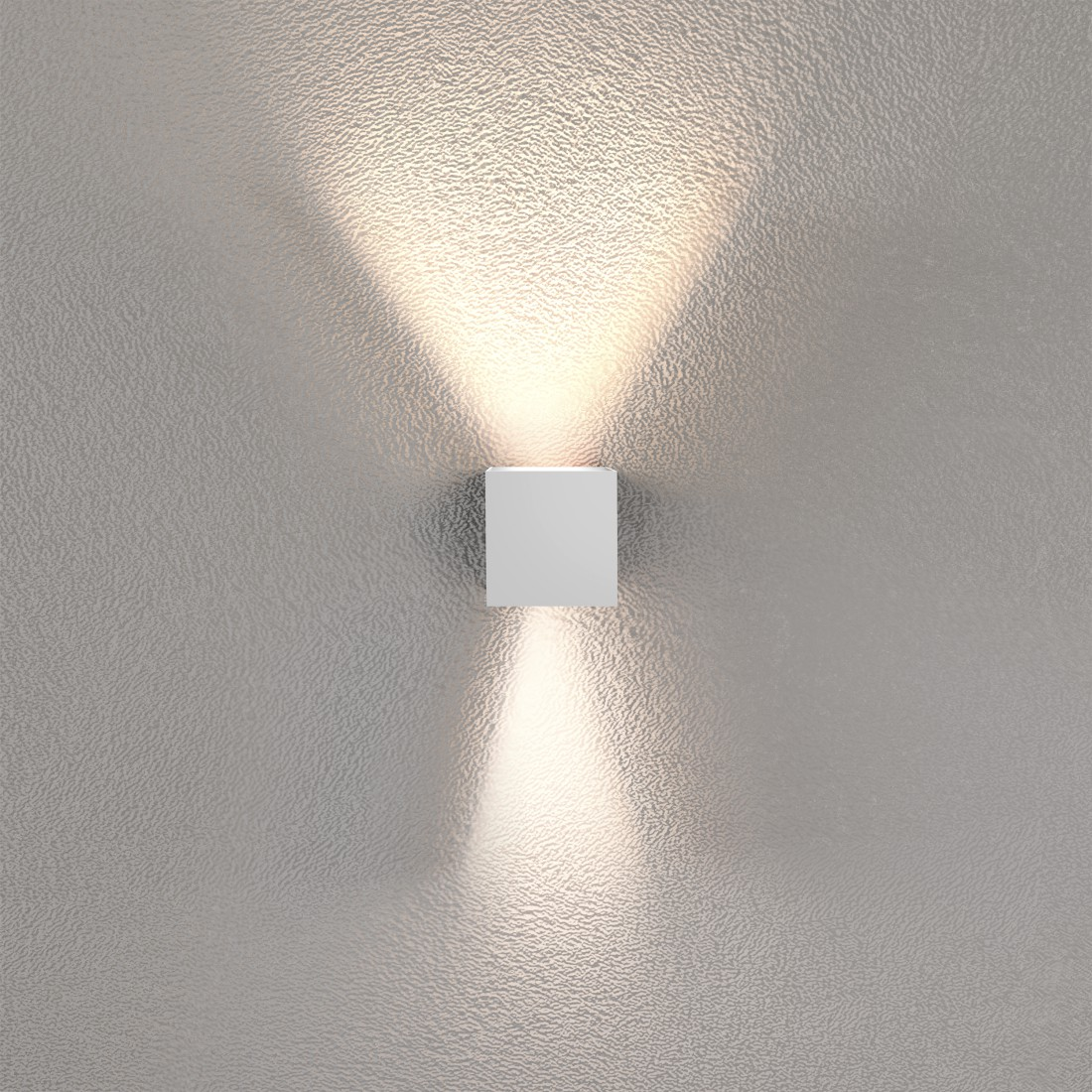 Weißer quadratischer Lichtkörper an grauer Wand. Zwei Lichtstrahlen nach unten.